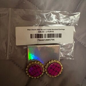 Gold-Trim Pink Holographic Round Stud Earrings